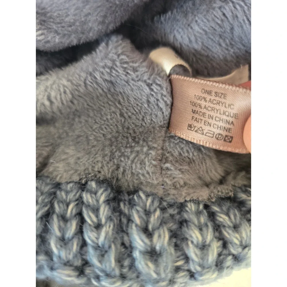 Anthropologie Blue Cable Knit Beanie Faux Fur Pom Fleece Lined Face Mask Button